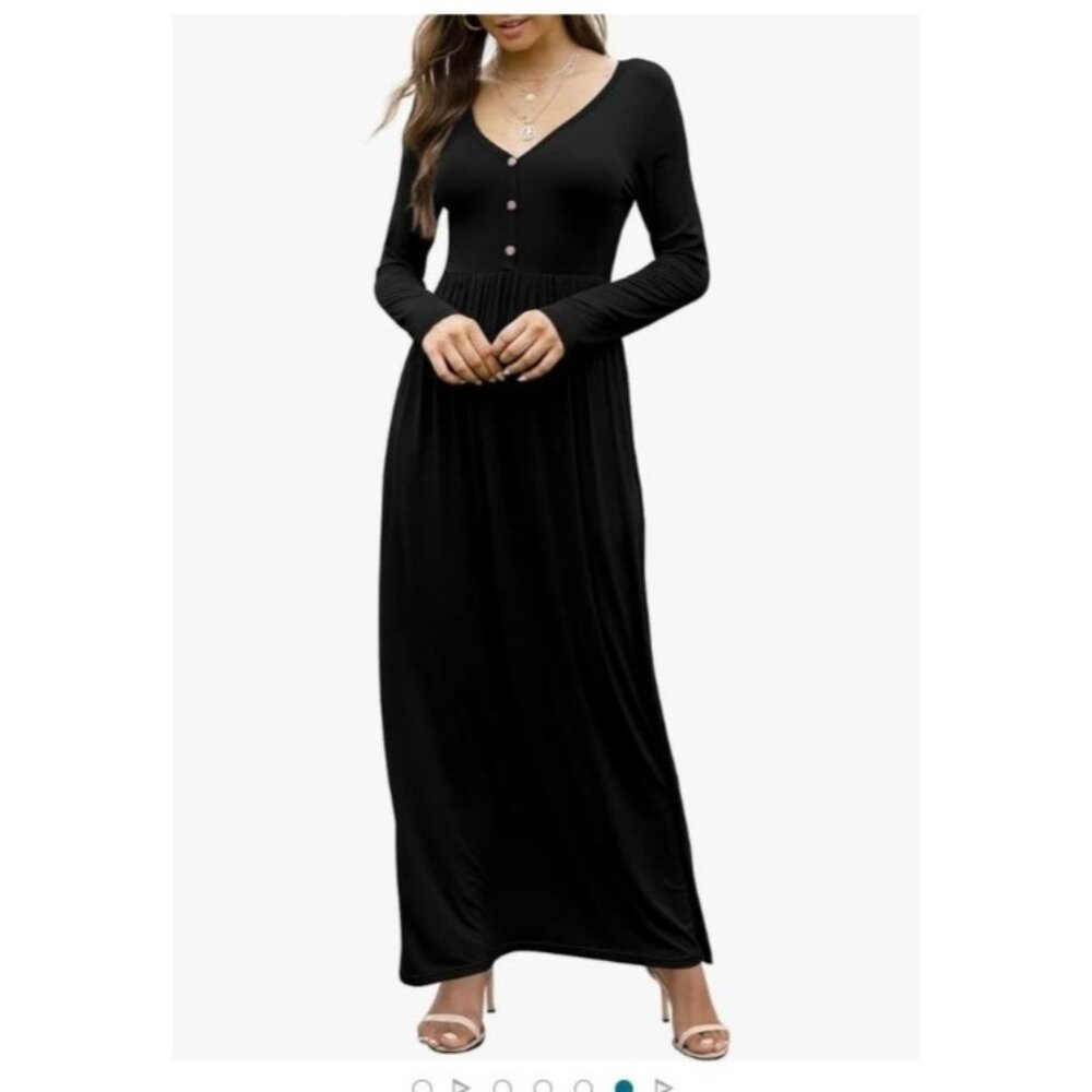 Womens Long Sleeve Black Maxi Dress Button Detail V-Neck Pockets Elegant Size S